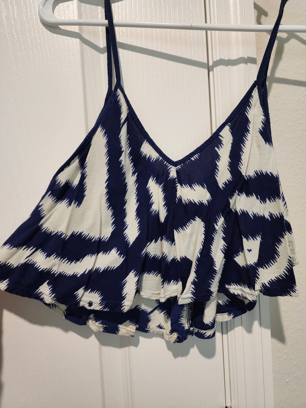 Angie Boho Navy and White Patterned Spaghetti-Strap Crop Camisole